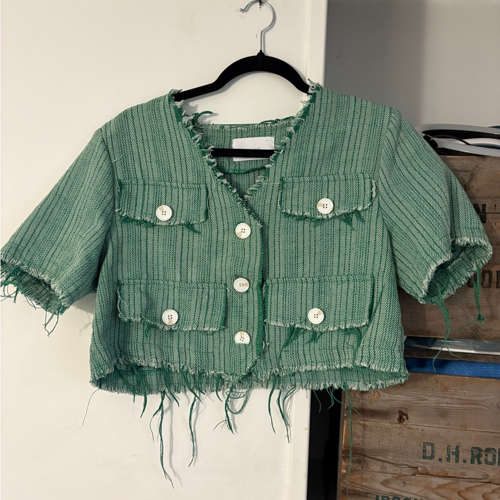 OAK + FORT Green Tweed Short Sleeve Raw Hem Tassel Button Up Jacket Size Small